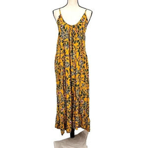 Buenos Ninos Maxi Dress M Yellow Floral Print with Pockets Spaghetti Straps Boho